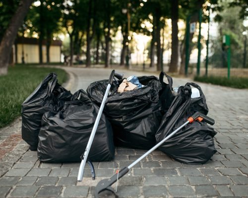 Full plastic trash bags in park, volunteering motivator. Ecological restoration, eco lifestyle, ecology care, environment cleaning concept